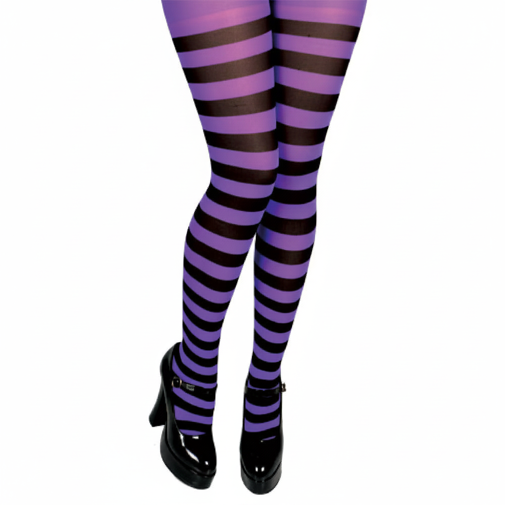 Womens purple and black horizontally striped tights on pure white background, Amazon and eBay hero shot