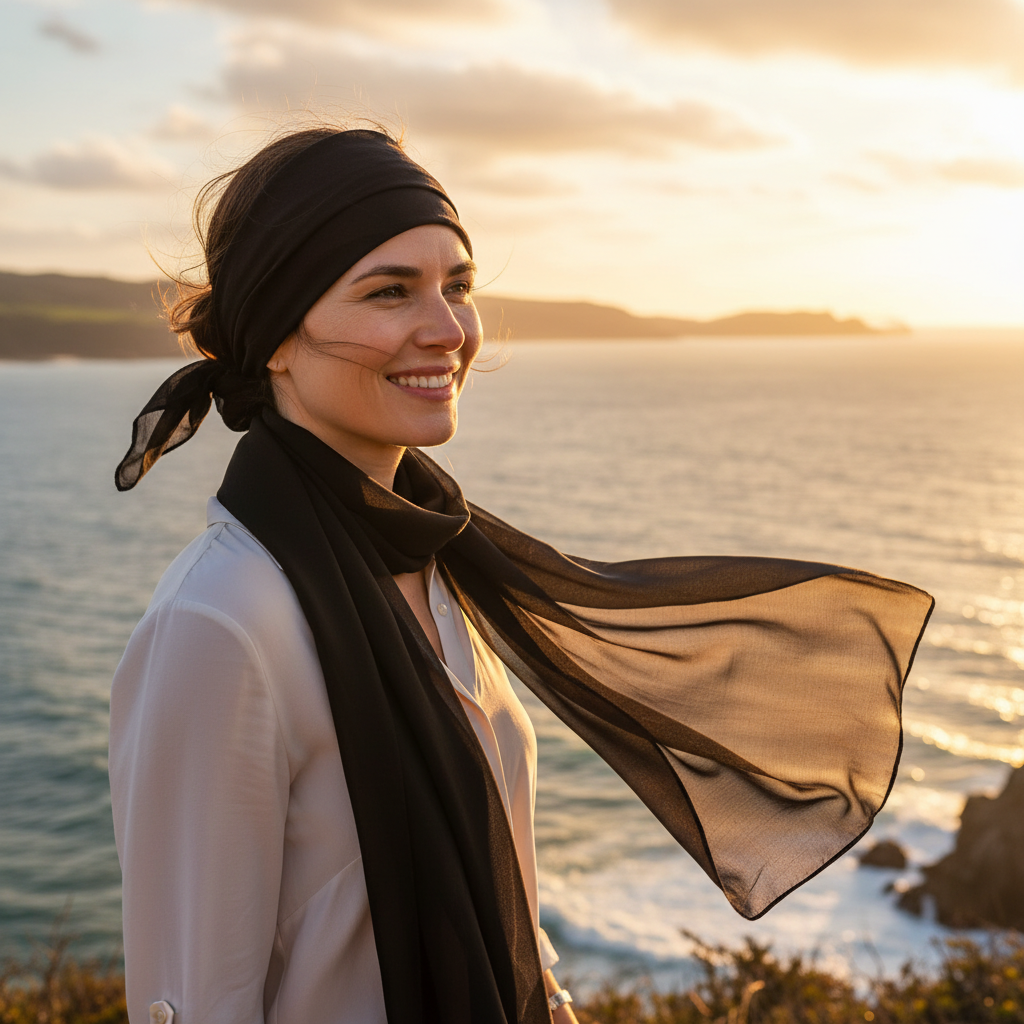 Woman wearing black chiffon scarf as headscarf at scenic coastal viewpoint during golden hour travel