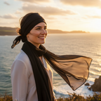 Woman wearing black chiffon scarf as headscarf at scenic coastal viewpoint during golden hour travel