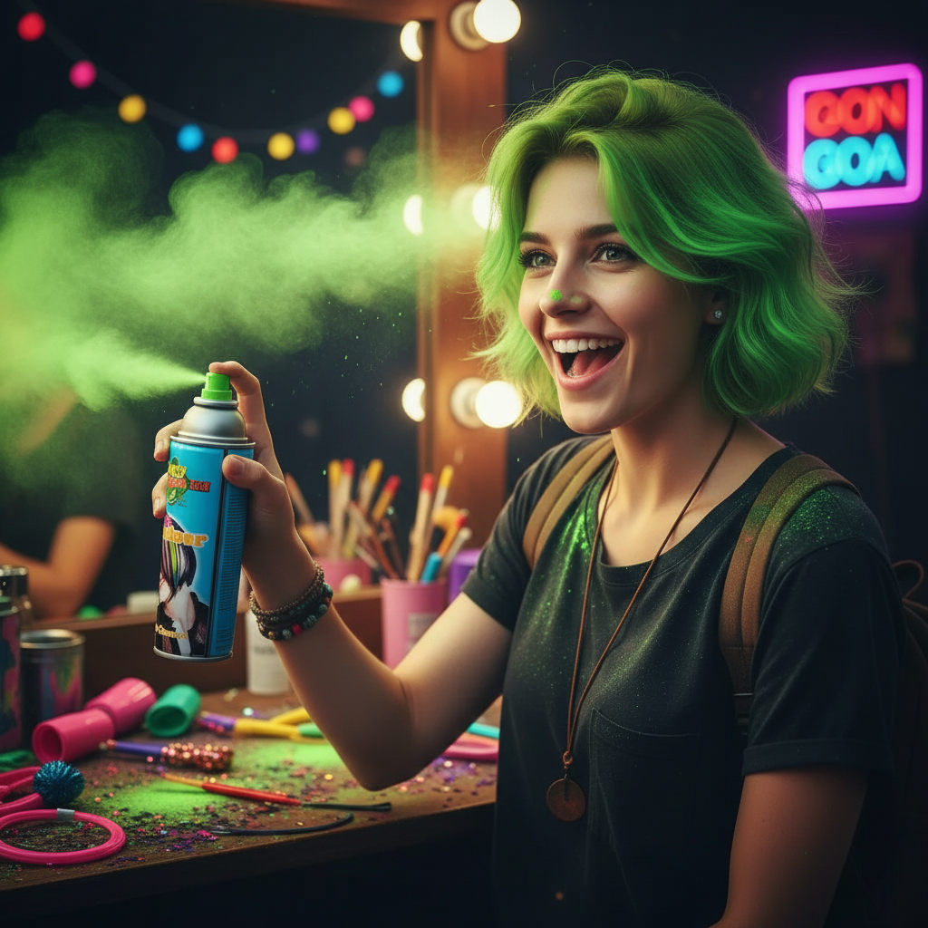 Person applying Party Success fluorescent green hair spray - easy application for UV glow effect