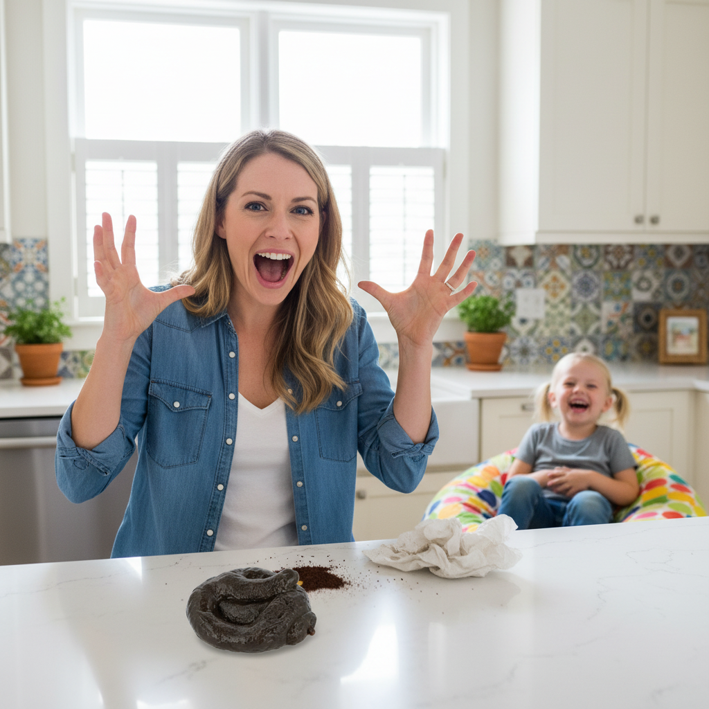 Adult shocked discovering fake sticky poo joke toy on kitchen counter