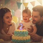 Emotional second birthday celebration scene with pink glitter number 2 candle glowing in golden hour light