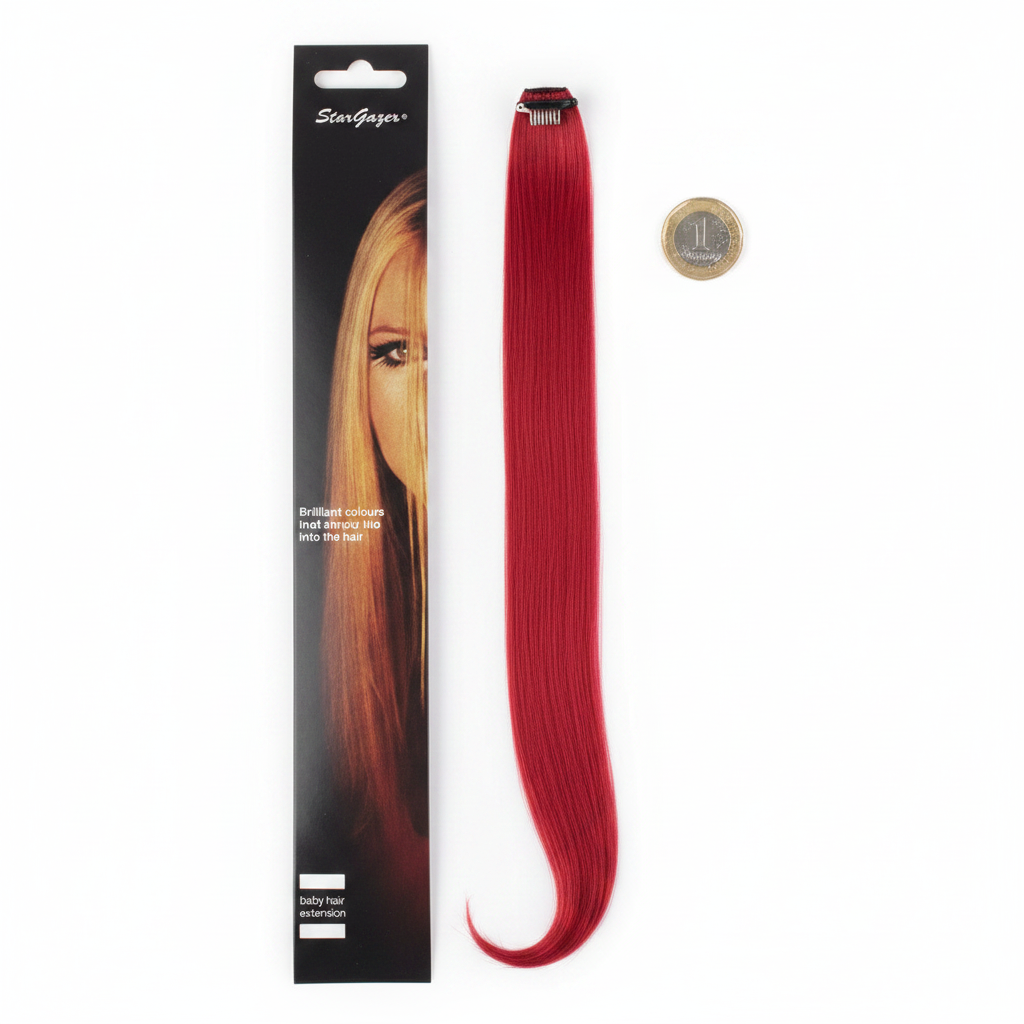 Stargazer Baby Hair Extension red clip-in strand laid flat beside a £1 coin on white background to show length and scale
