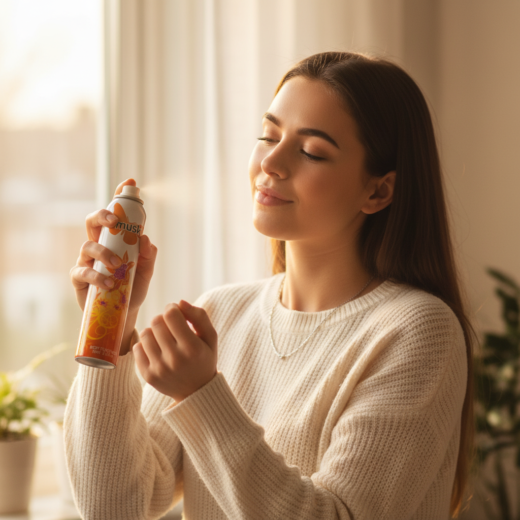 Young woman spraying Insette Ladies Body Spray Musk 75ml in a candid beauty moment with warm bokeh background