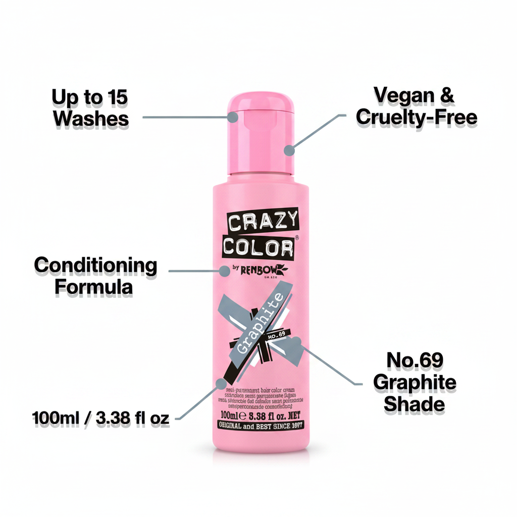 Crazy Color Graphite hair dye infographic showing key features: up to 15 washes, vegan, conditioning formula, 100ml