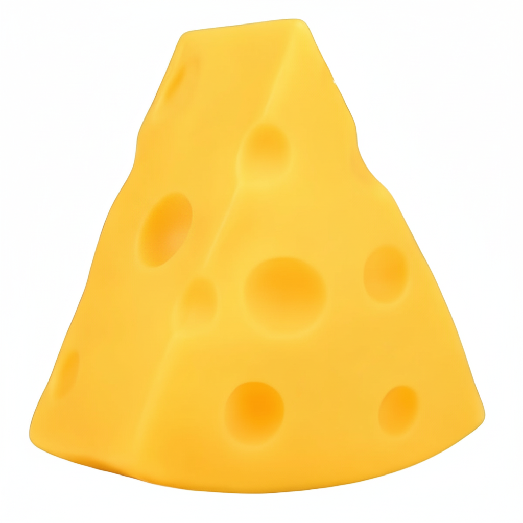 Large squishy triangle cheese toy 7.5cm on white background, cheddar yellow with Swiss holes, Amazon hero shot