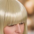 Extreme close-up macro shot of golden blonde wig strands and fringe showing silky texture and quality fibres