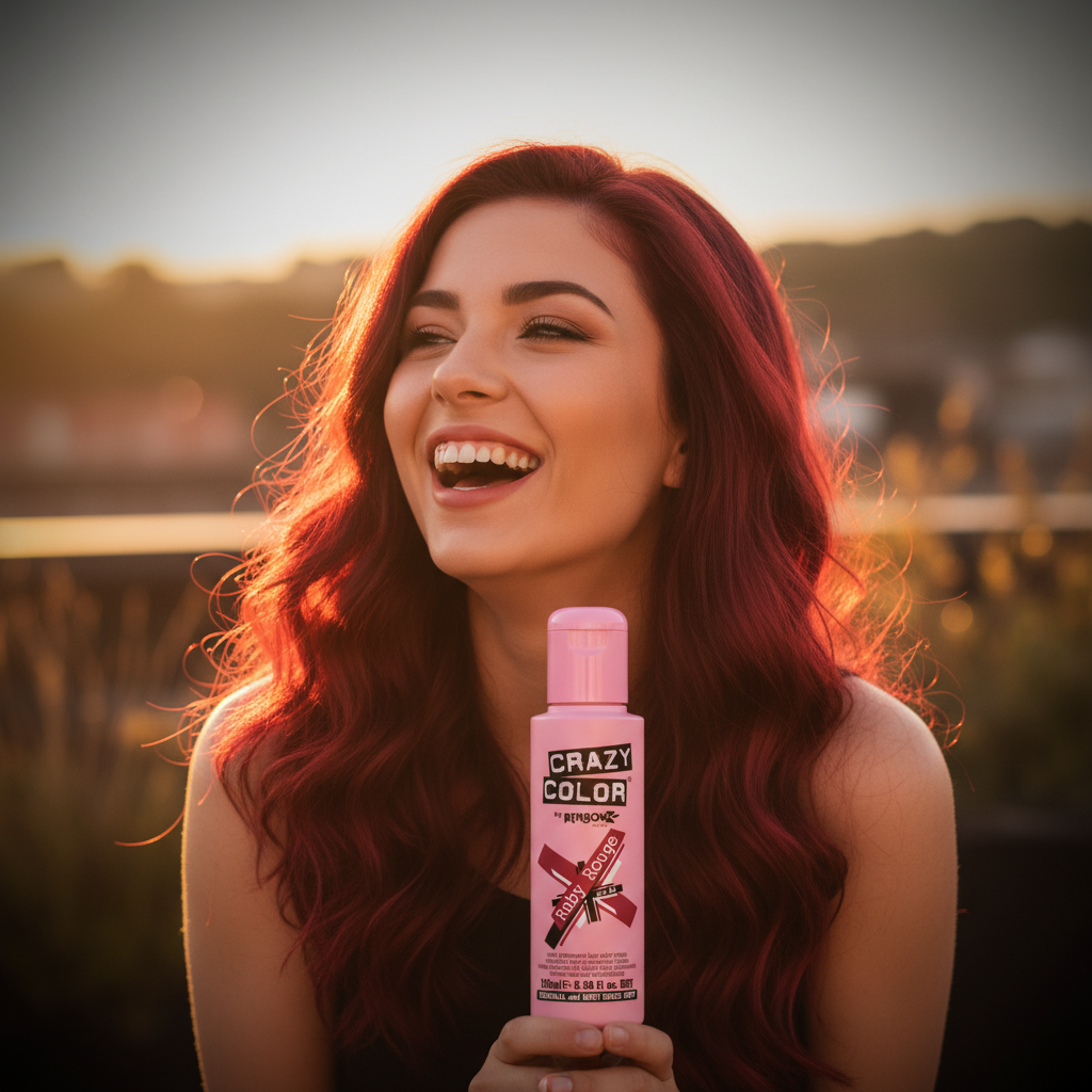 Woman with vibrant ruby red hair in golden hour light with Crazy Color Ruby Rouge hair dye bottle, bold self-expression beauty campaign
