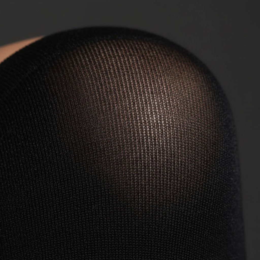 Extreme macro close-up of black thigh high stocking fabric showing fine knit texture and material quality