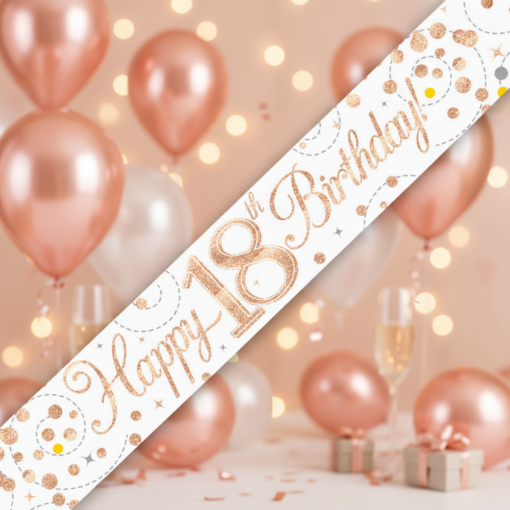9ft white and rose gold holographic 18th birthday banner with sparkling finish against elegant party background