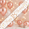 9ft white and rose gold holographic 18th birthday banner with sparkling finish against elegant party background