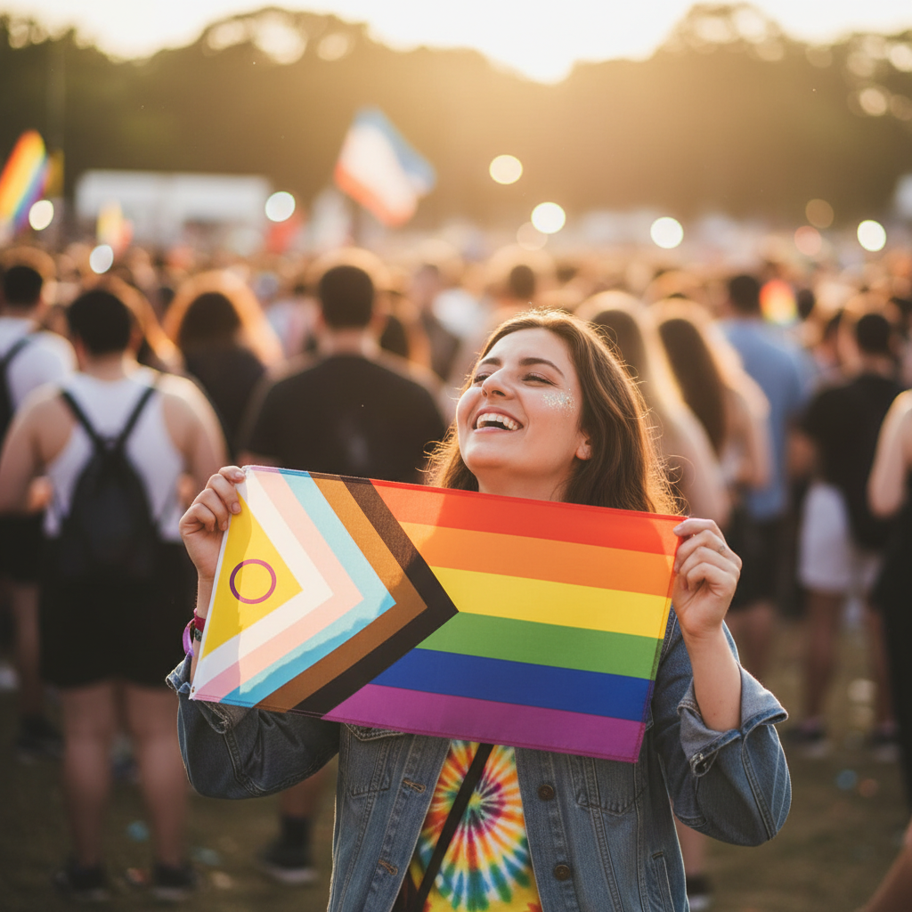 Person holding Intersex Progress Gay Pride Flag at festival, candid lifestyle shot with bokeh background
