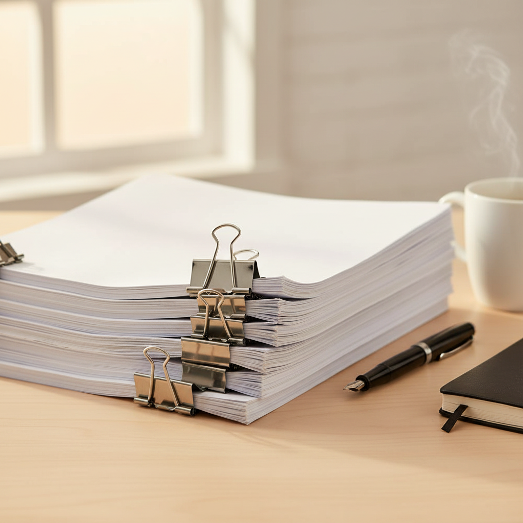 Neatly organised stack of documents clipped with Tiger Binder Clips 30mm on a clean tidy desk - the satisfying result of using the product