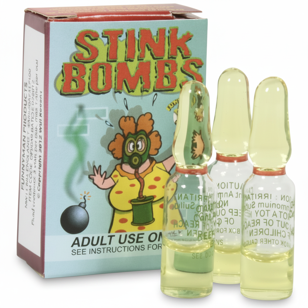 Funnyman Products Stink Bombs 2 x Packs of 3 — studio hero shot, clear glass ampoules with yellow-green liquid and retail box, white background