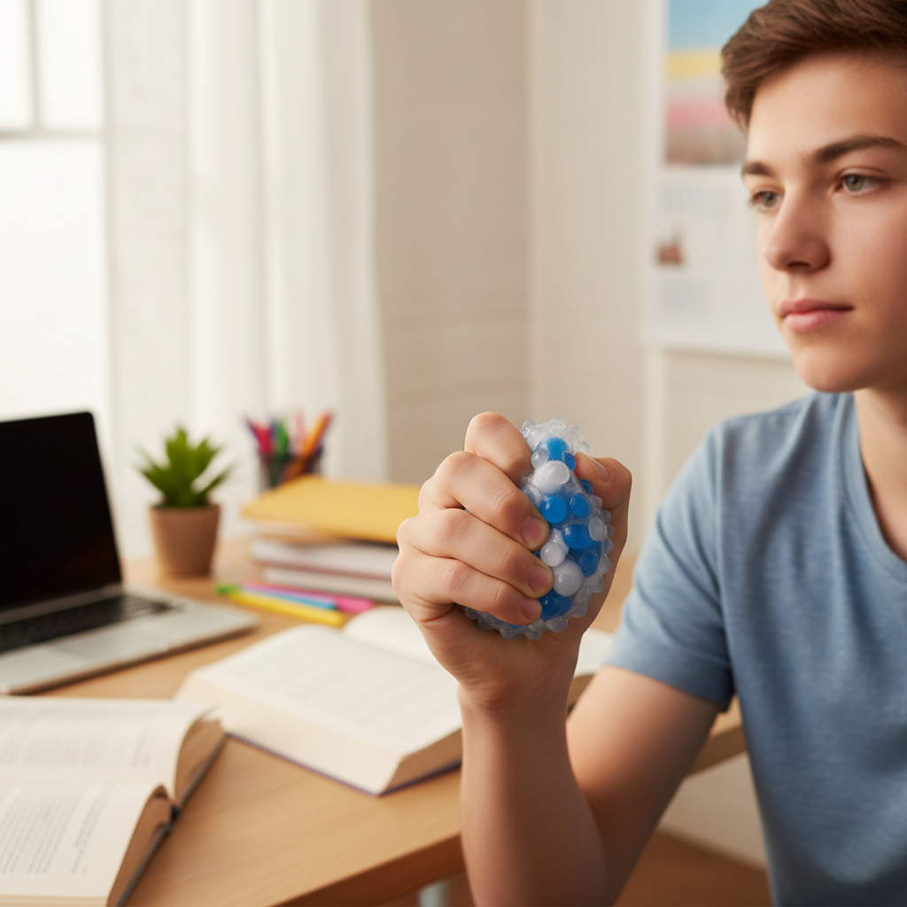 Teenager squeezing blue Molecule Madness squishy stress ball while studying at desk