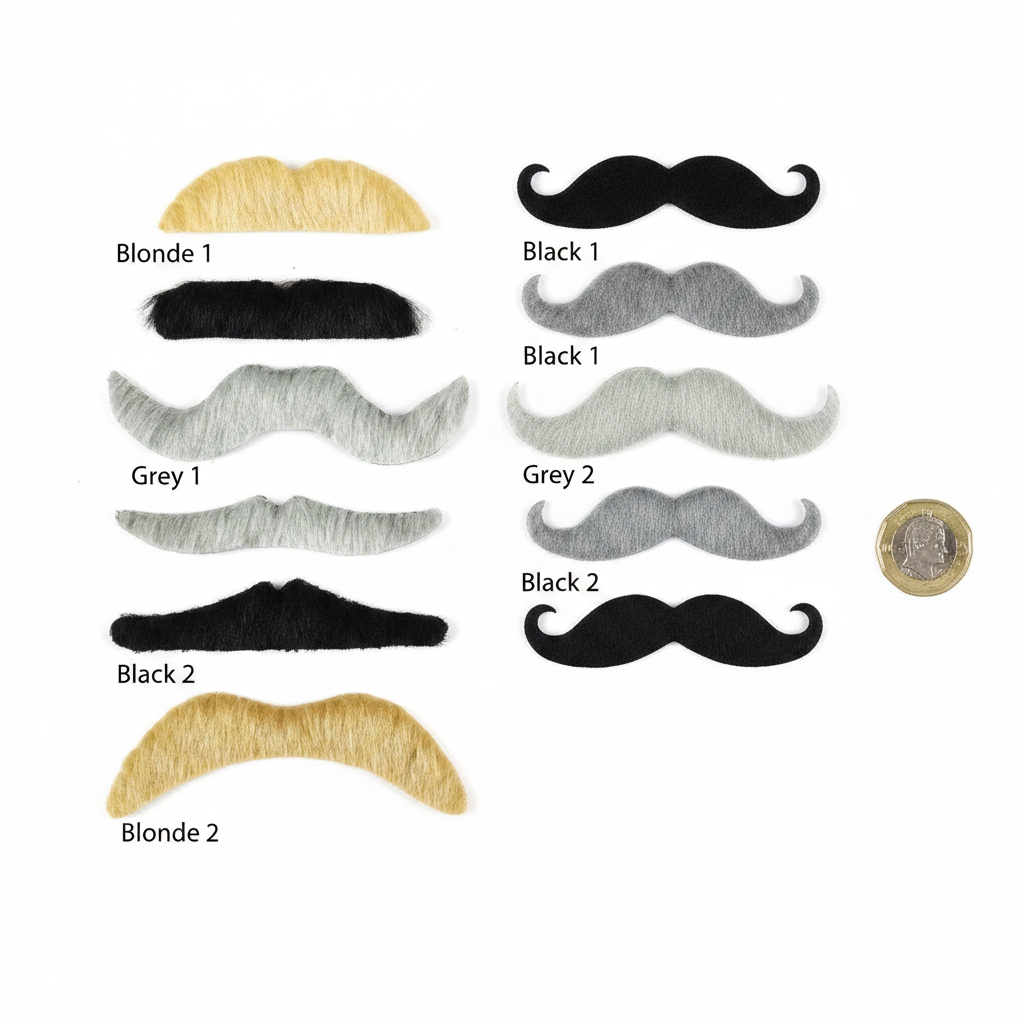 Flat lay of all 6 fancy dress moustaches in blonde, black and grey beside a British £1 coin for scale on white background