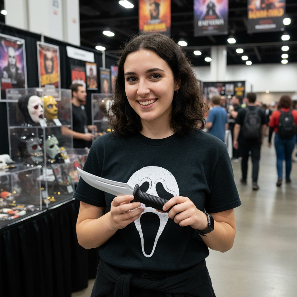 Horror fan displaying Ghost Face Scream knife prop at cosplay convention - collector's item
