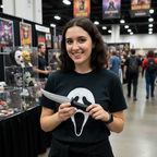 Horror fan displaying Ghost Face Scream knife prop at cosplay convention - collector's item
