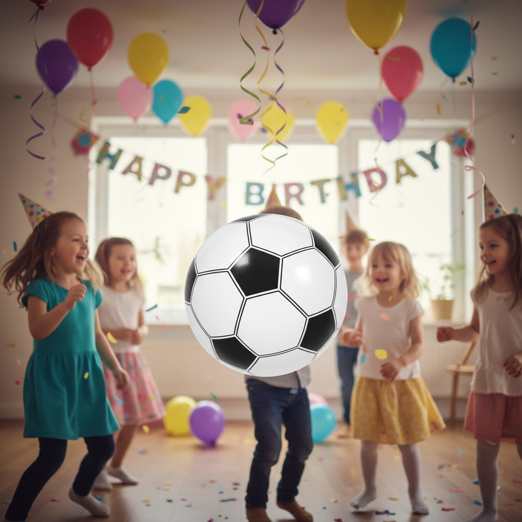 Children at a birthday party playing with an inflatable football 40cm