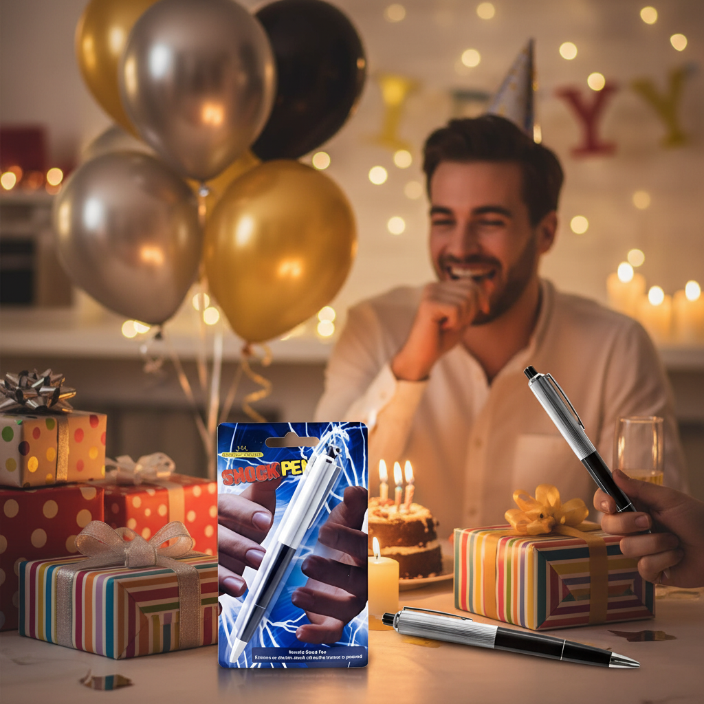 Electric shock joke pen as a birthday gift with balloons and presents
