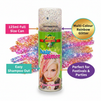 Party Success Glitter Hair Spray 125ml feature infographic with callout labels highlighting key benefits