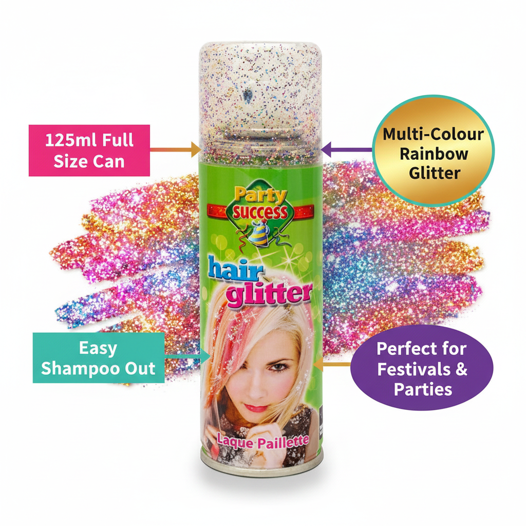 Party Success Glitter Hair Spray 125ml feature infographic with callout labels highlighting key benefits