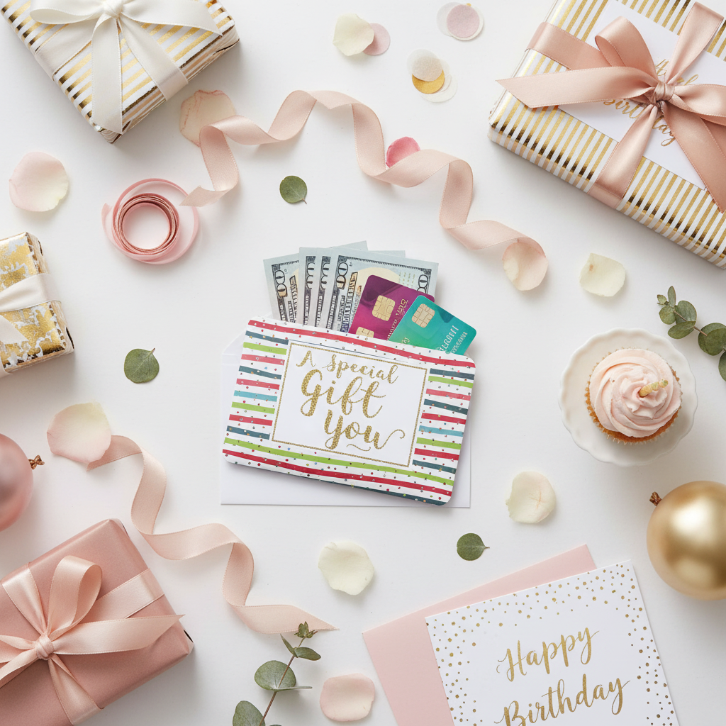 Birthday money wallet on gift table with cards and presents flat lay