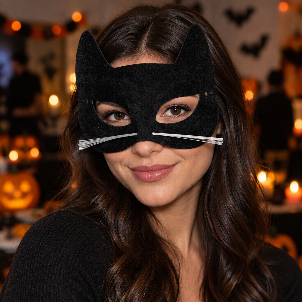 Adult wearing a black velour cat mask with white whiskers at a Halloween gathering