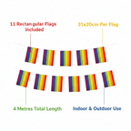 Rainbow Gay Pride Bunting feature infographic showing 11 flags, 31x20cm per flag, 4 metres total length, indoor and outdoor use