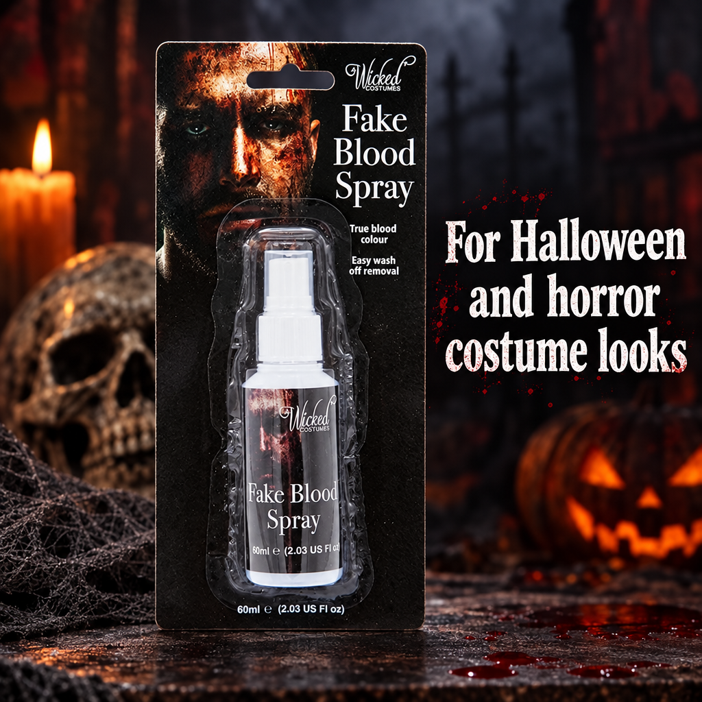 Wicked Costumes Fake Blood Spray pack in Halloween styling with text reading For Halloween and horror costume looks.