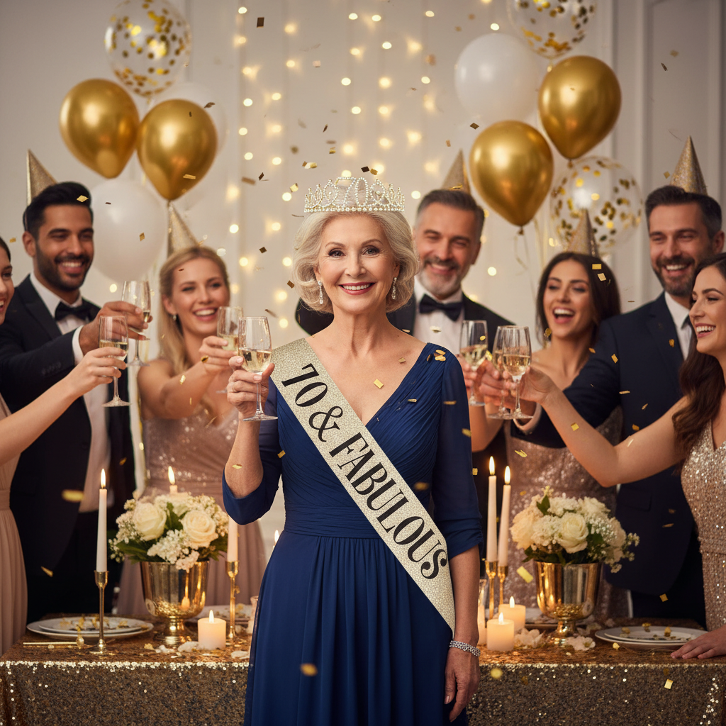 Elegant woman celebrating 70th birthday wearing gold sash and diamante tiara at sophisticated party