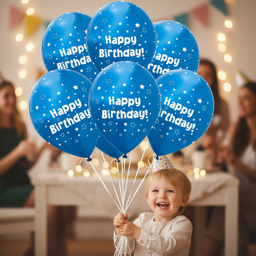 Child holding a bunch of metallic royal blue star Happy Birthday latex balloons at a birthday party — candid joyful moment