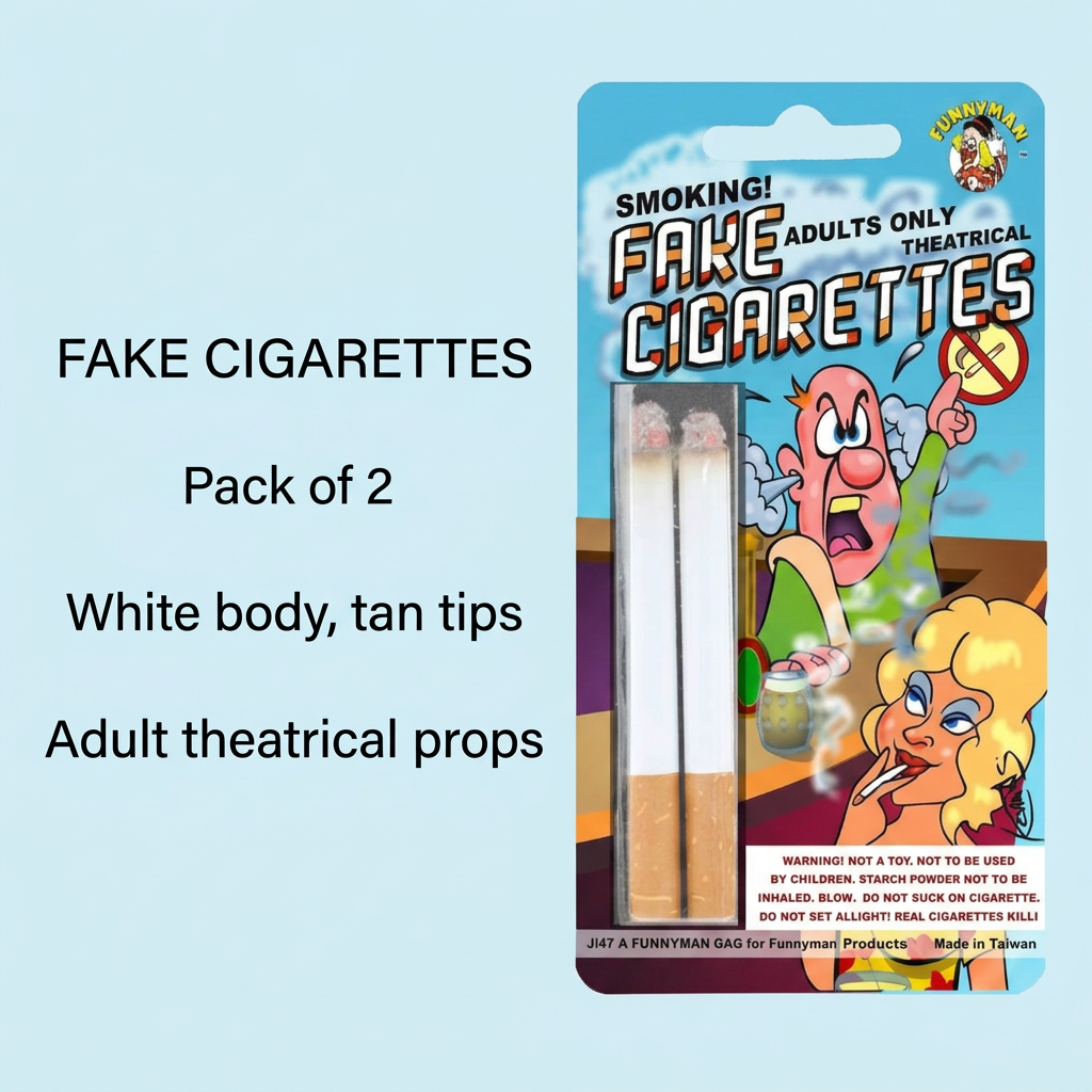 Funnyman fake cigarettes pack with captions showing two white-bodied, tan-tipped adult theatrical props.