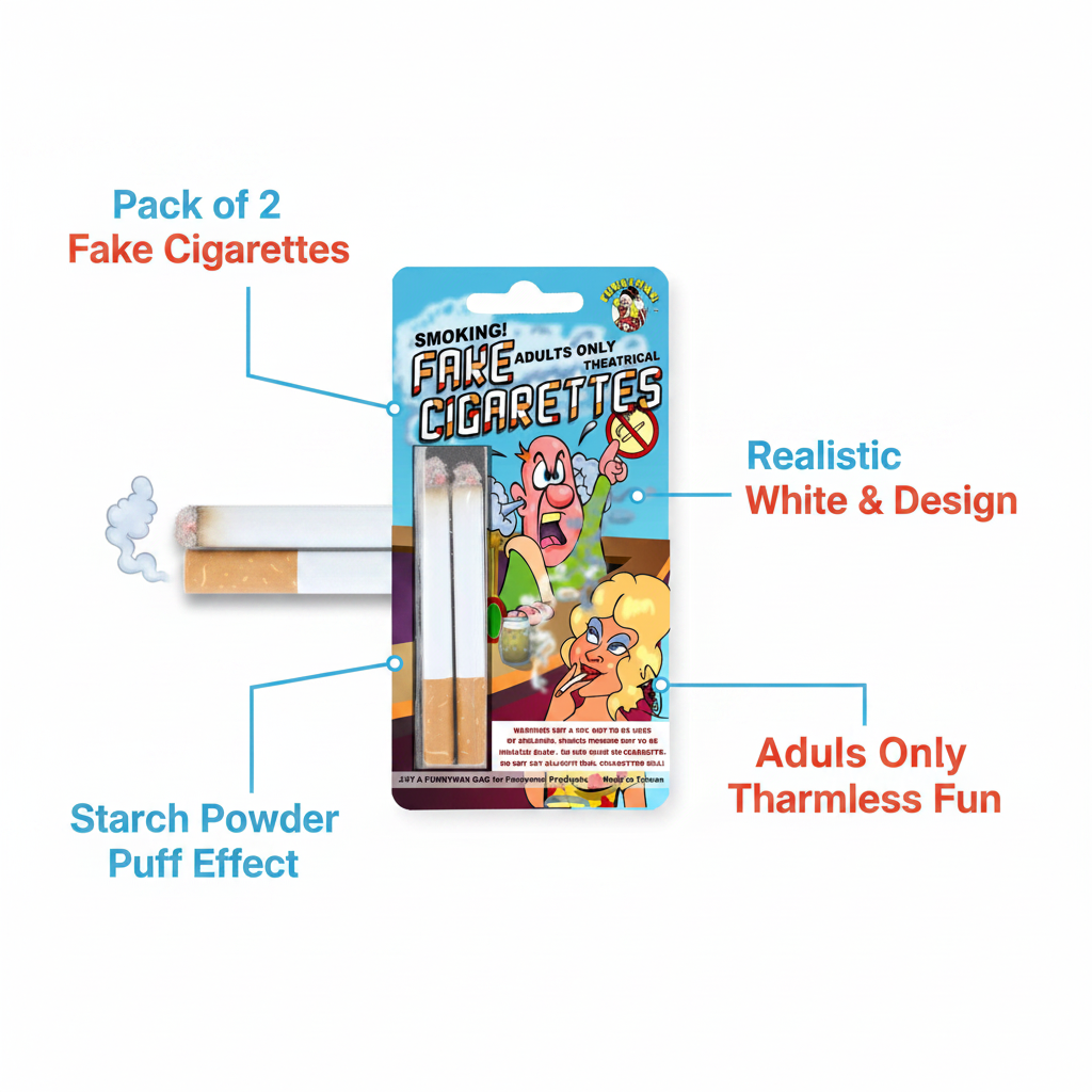 Fake smoking joke cigarettes feature infographic with callout labels on white background