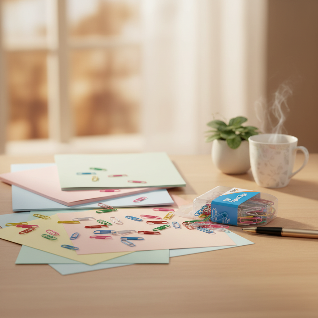 Assorted colour paper clips scattered across organised desk documents in warm golden hour light, calm productive home office scene