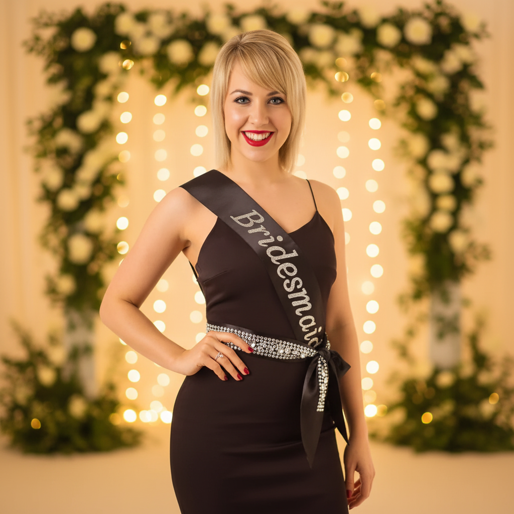Bridesmaid wearing black satin diamante sash over black gown at elegant wedding venue with fairy lights