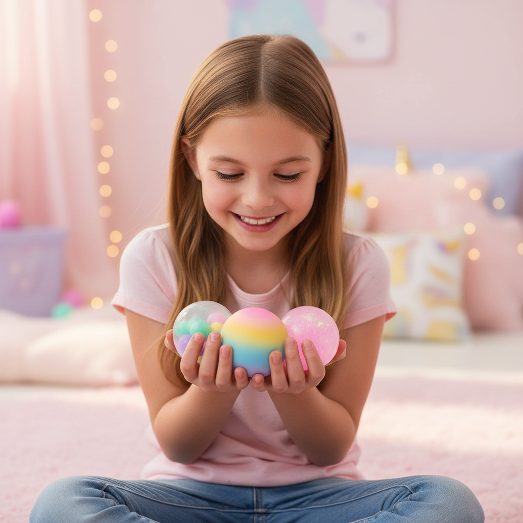 Young girl holding all three Scrunchems Unicorn squish balls in pastel pink unicorn bedroom