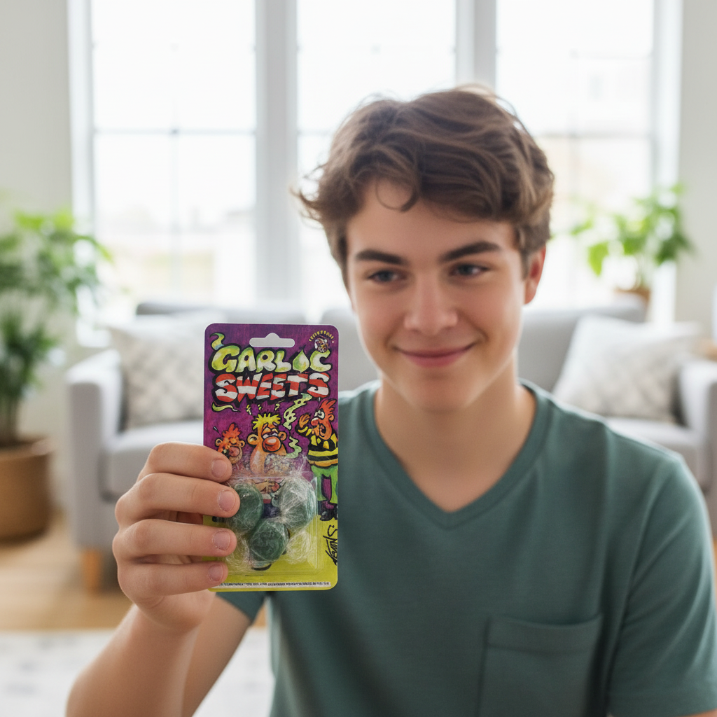 Mischievous teenager holding out Funnyman Garlic Sweets prank packaging with cheeky grin in living room