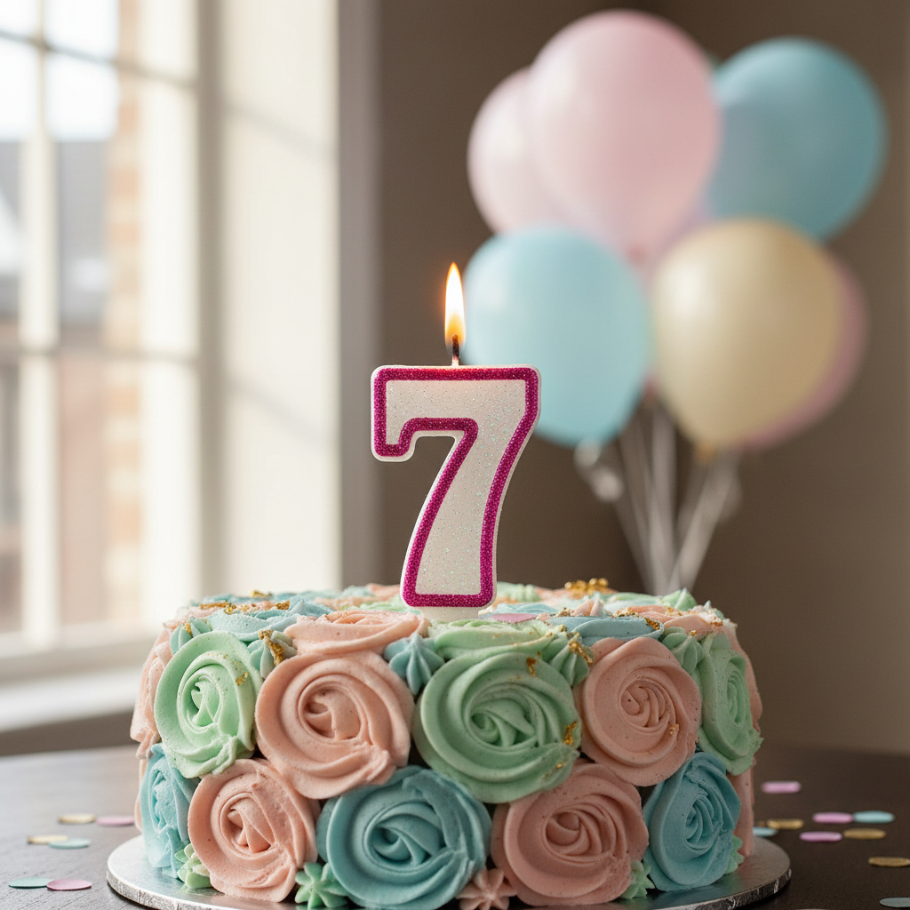 White glitter number 7 birthday candle with hot pink glitter border lit on a decorated birthday cake at a party table