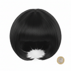 Diva black bob wig beside a £1 coin on white background showing product size — flat lay
