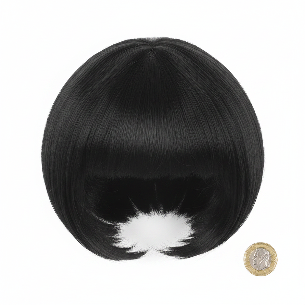 Diva black bob wig beside a £1 coin on white background showing product size — flat lay