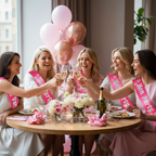 Women wearing Hot Pink Hen Party Sashes raising glasses at a decorated prosecco brunch hen party celebration