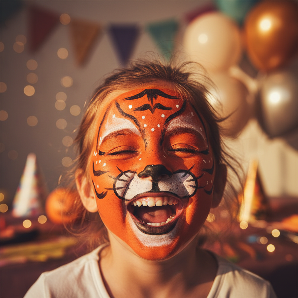 Child with dark orange Snazaroo tiger face paint design laughing at a Halloween party, warm golden hour light