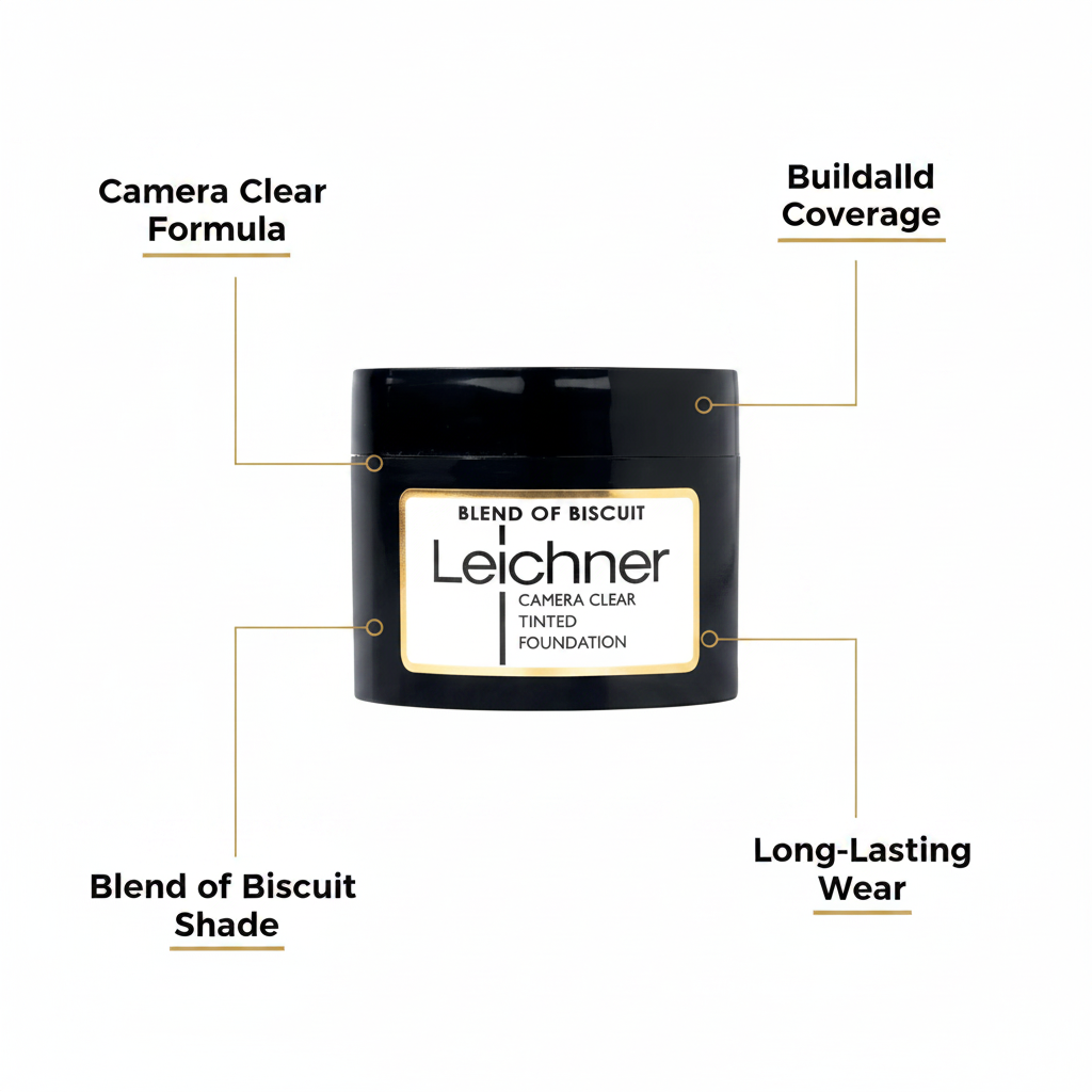 Leichner Camera Clear Tinted Foundation feature infographic highlighting Camera Clear Formula, Buildable Coverage, Blend of Biscuit Shade, Long-Lasting Wear