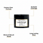 Leichner Camera Clear Tinted Foundation feature infographic highlighting Camera Clear Formula, Buildable Coverage, Blend of Biscuit Shade, Long-Lasting Wear