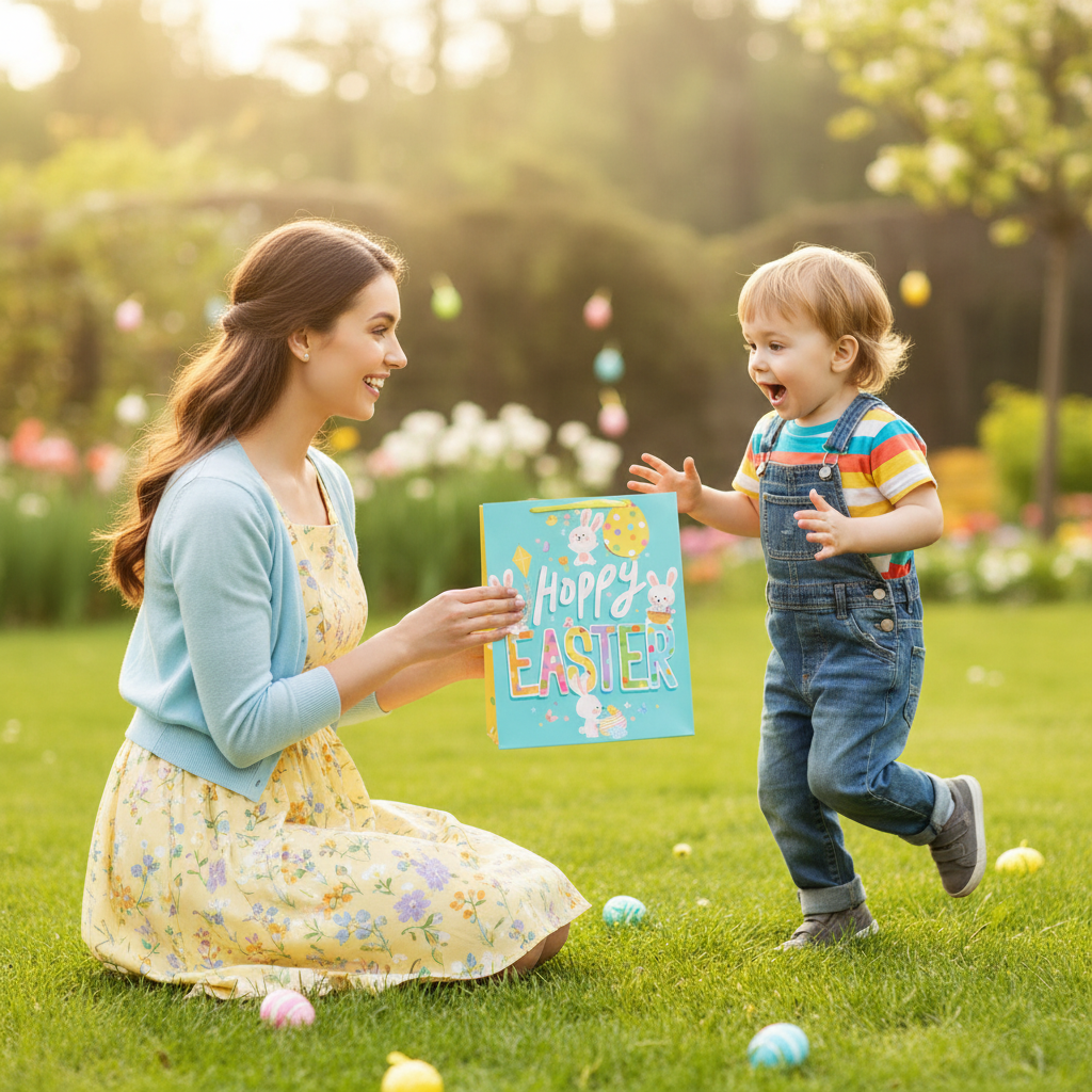 Mum giving Easter Bunny Gift Bag to excited child in sunny garden - Easter gift ideas for kids