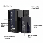 Real Time Wild Action Elixir 100ml EDT feature infographic showing 8-hour wear, bergamot cedarwood notes, EDT spray and gift packaging callouts