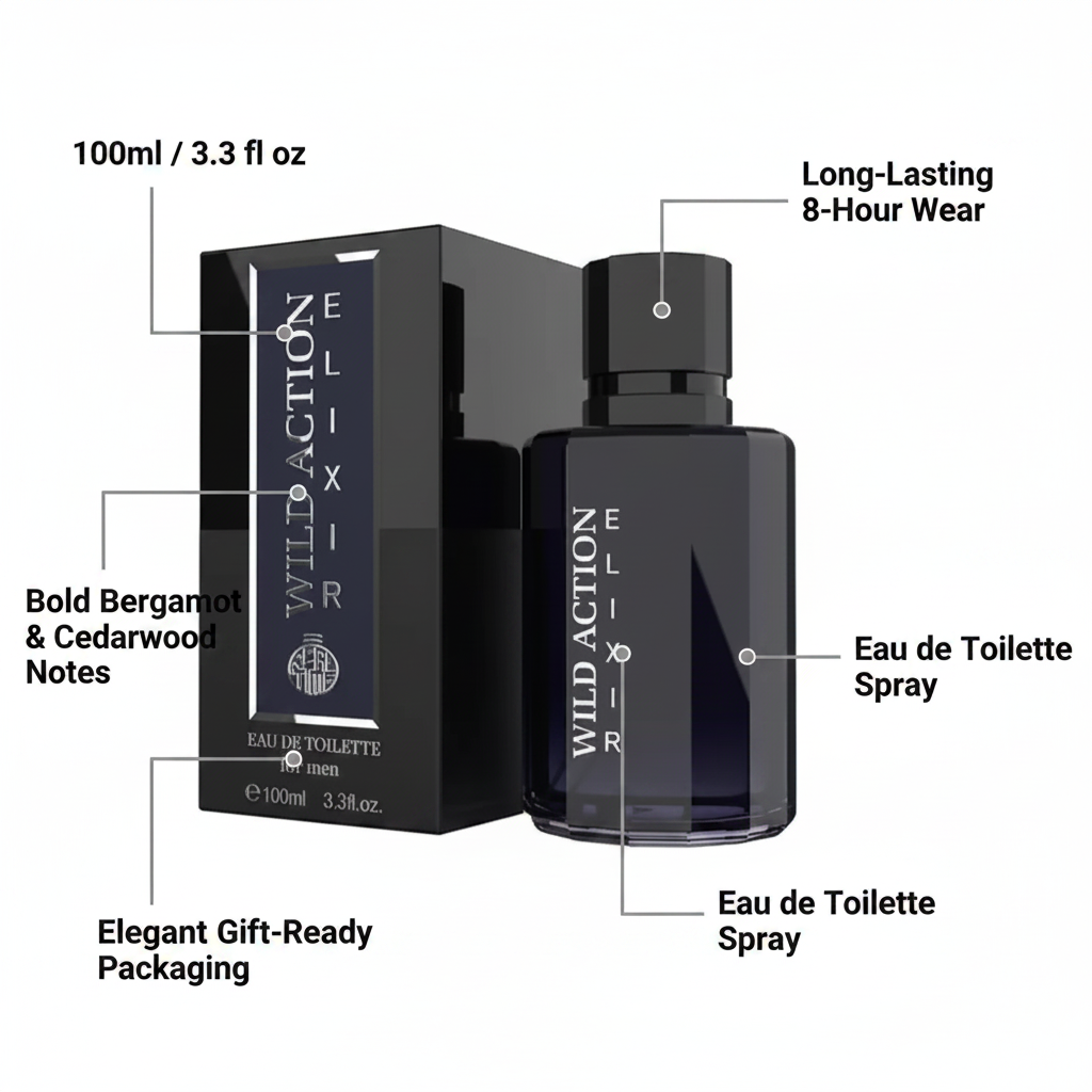 Real Time Wild Action Elixir 100ml EDT feature infographic showing 8-hour wear, bergamot cedarwood notes, EDT spray and gift packaging callouts