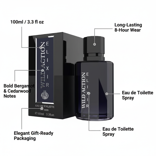 Real Time Wild Action Elixir 100ml EDT feature infographic showing 8-hour wear, bergamot cedarwood notes, EDT spray and gift packaging callouts
