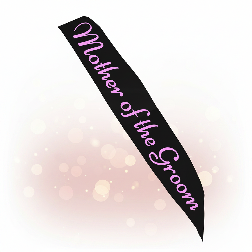 Black hen party Mother of the Groom sash with pink writing on elegant blush and gold celebration background